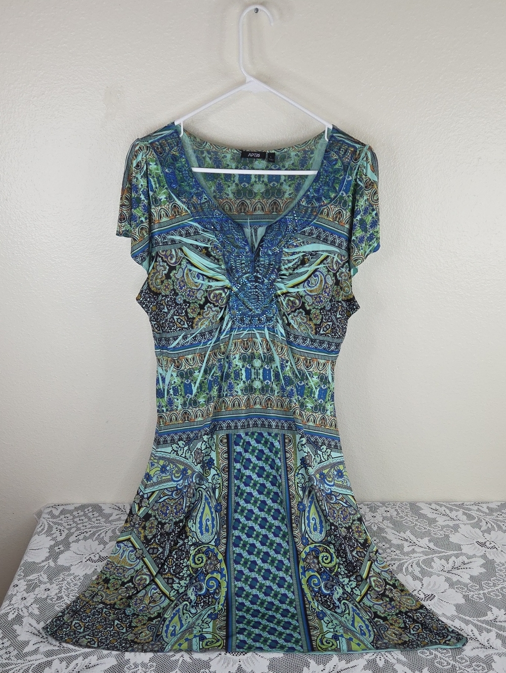 Apt. 9 Blue & Green Paisley V-Neck Mini Dress Large Aline Beads Paisly Y2K EUC